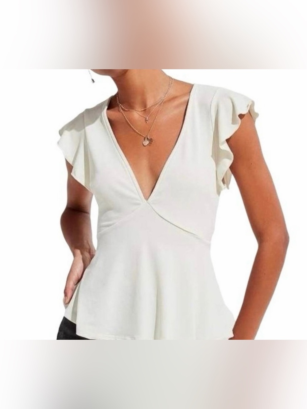 Urban Outfitters Cream Flutter Sleeve Peplum Top - Small
